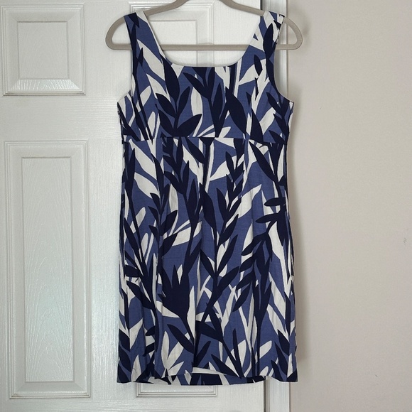 Women's Boden Size 6 Petite Blue Savannah Leaf Print Slub Cotton Sheath Dress - Picture 3 of 7